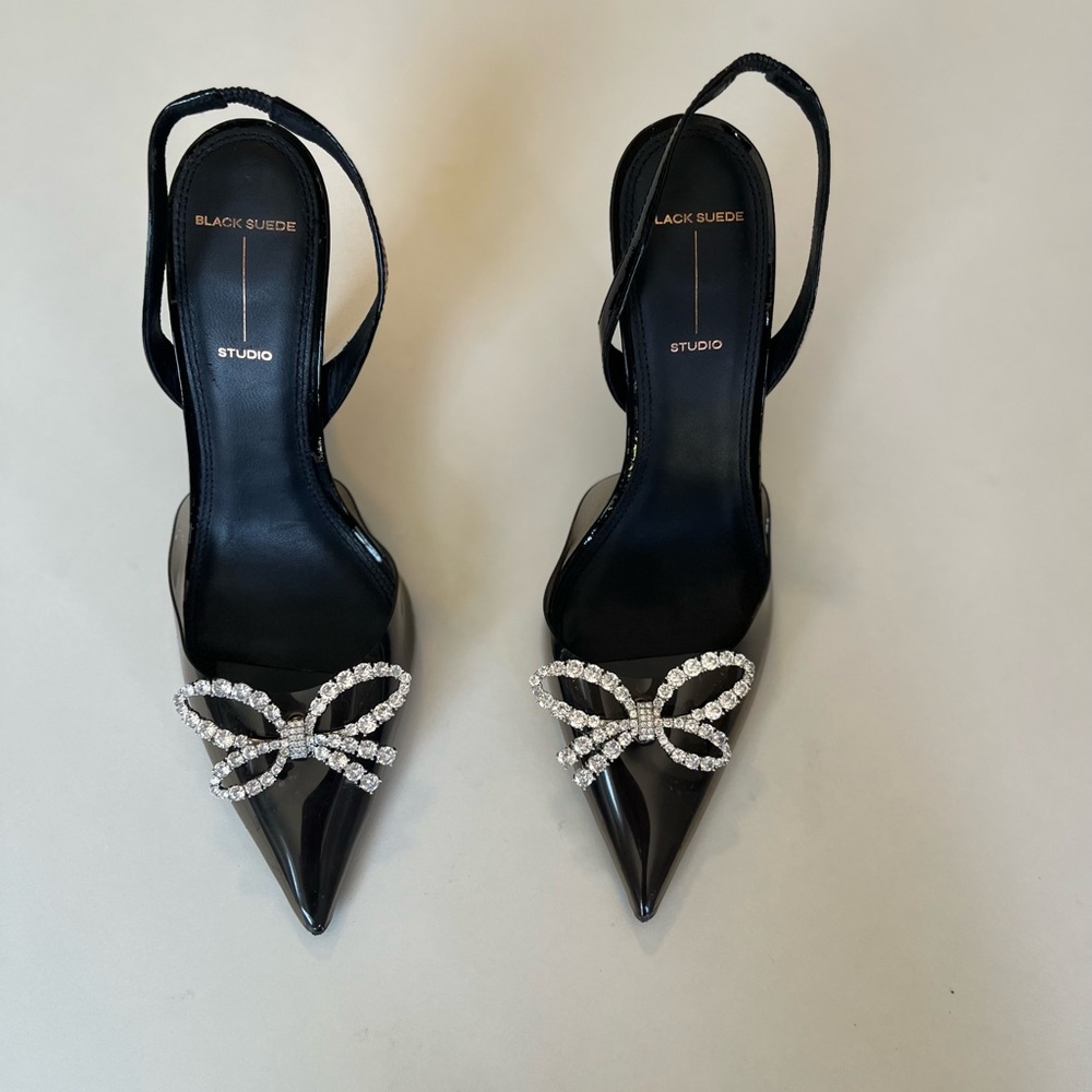 BLACK SUEDE STUDIO Monroe Black Pointy-Toe Slingback with Bow Accent Hee…
